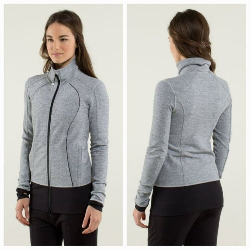 Lululemon Nice Asana Jacket Herringbone Heathered Grey Black Stretch Size 10